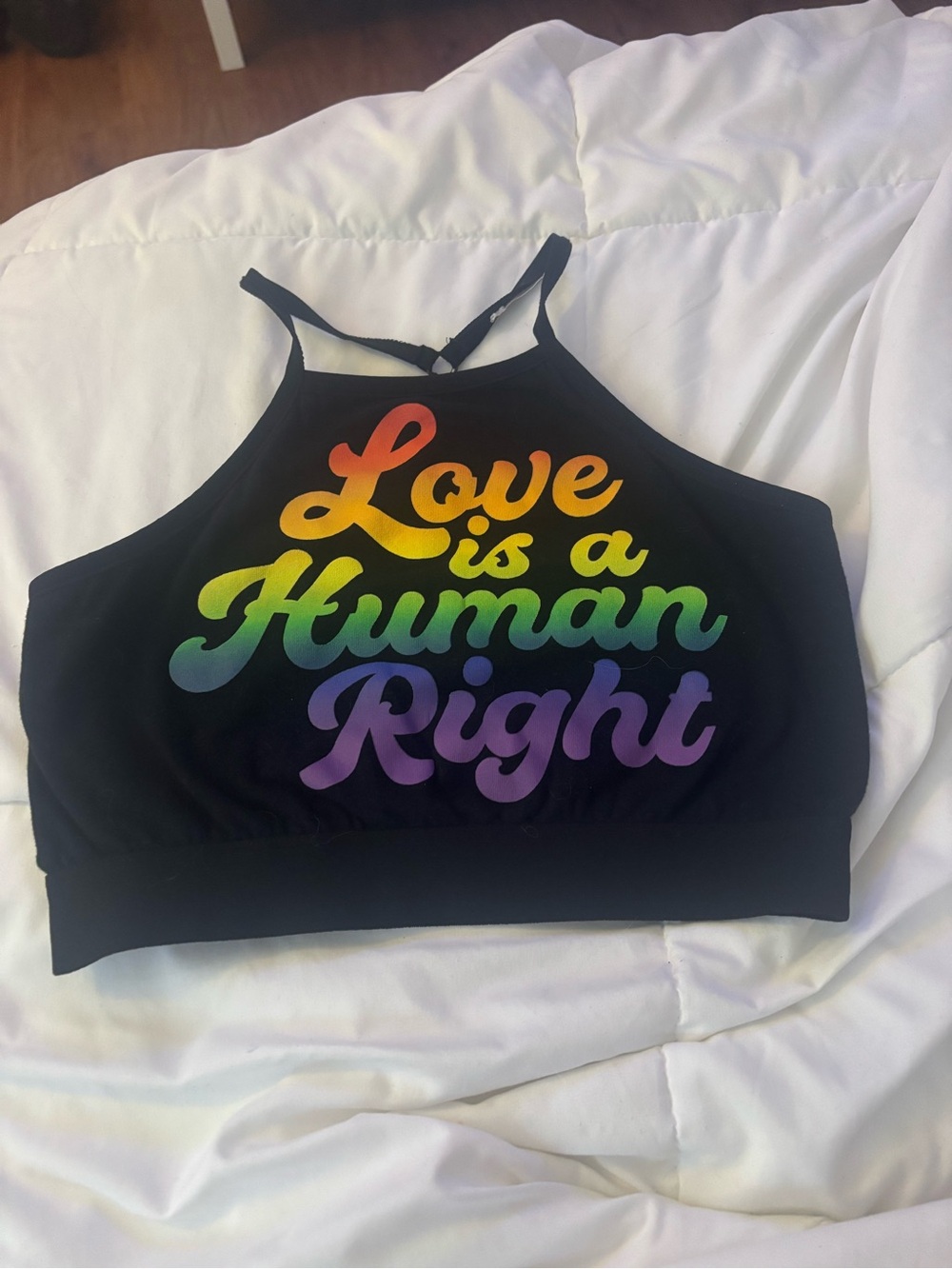 Black Crop Halter Tank Top with Rainbow "Love is a Human Right" Graphic